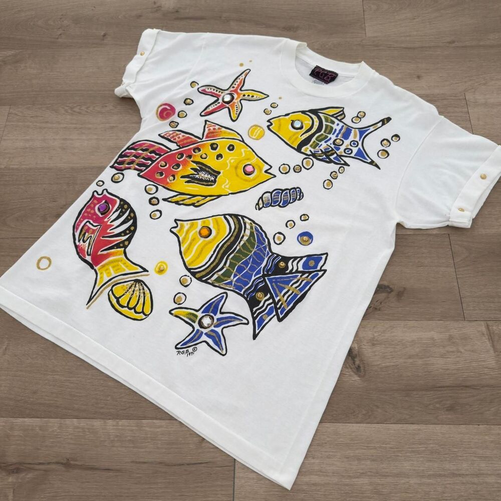 Vintage 90's Puffy Glitter Paint Fish Graphic Tee Cover Up W Rhinestones Grandma